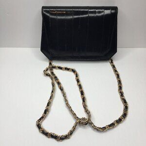 Vintage Genuine Eel Skin Leather Black Evening Purse Handbag Mirror Chain Strap